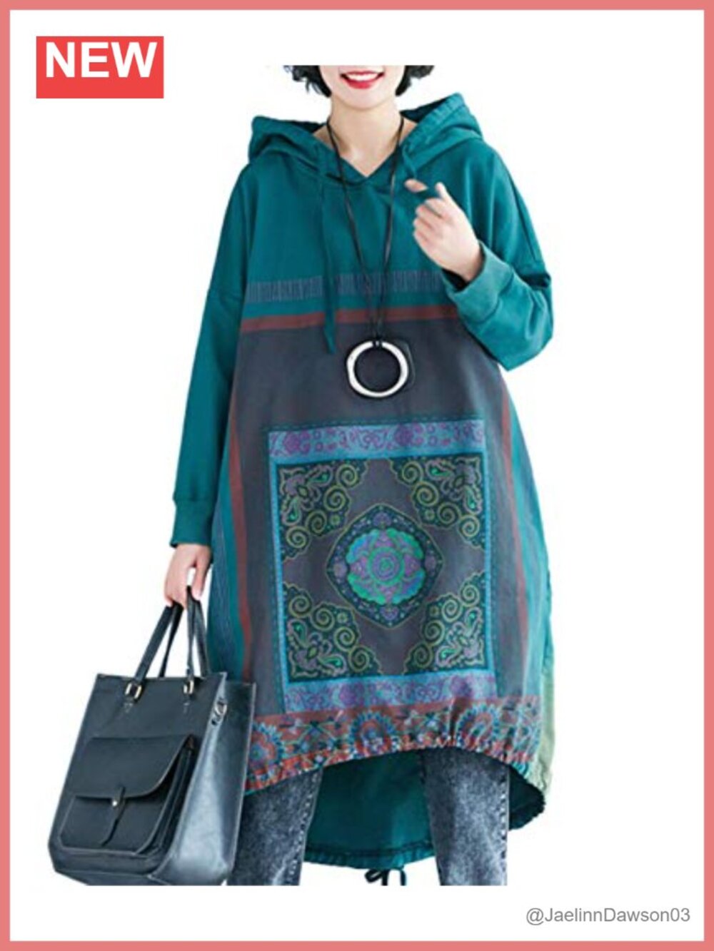 YESNO Women's Long Hooded Sweatshirt Dress Ethnic Floral Hi-Low Hem Pockets